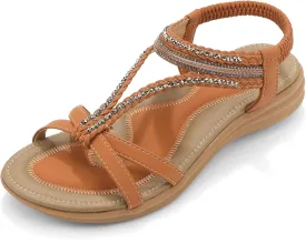 UBFEN Womens Bohemian Flat Sandals With Back Strap Summer Beach Comfortable Bling