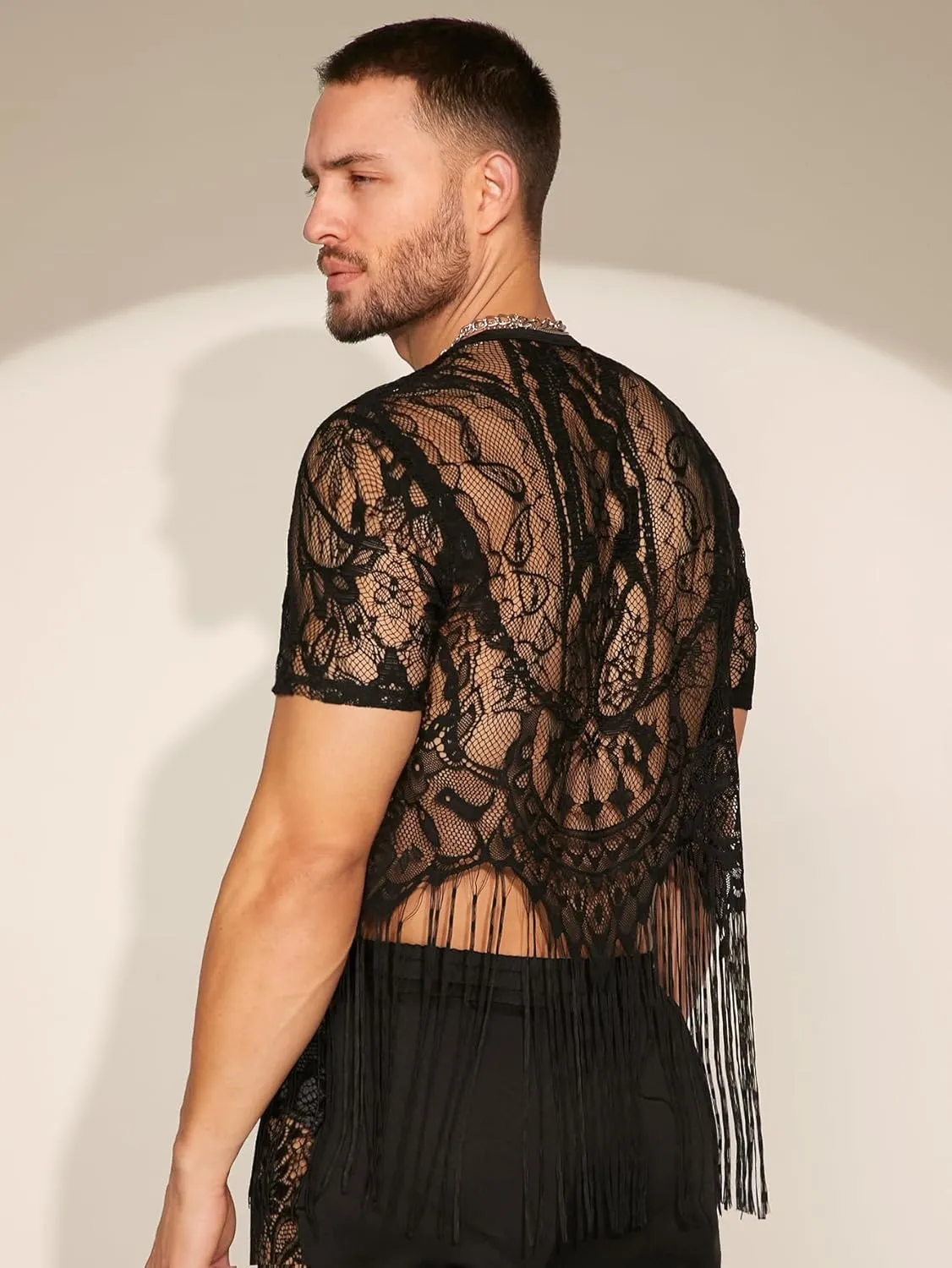 WDIRARA Men's Floral Lace Mesh Fringe Hem Shirts Scoop Neck Short Sleeve Asymmetrical Design Shirt See Through Party Outfits
