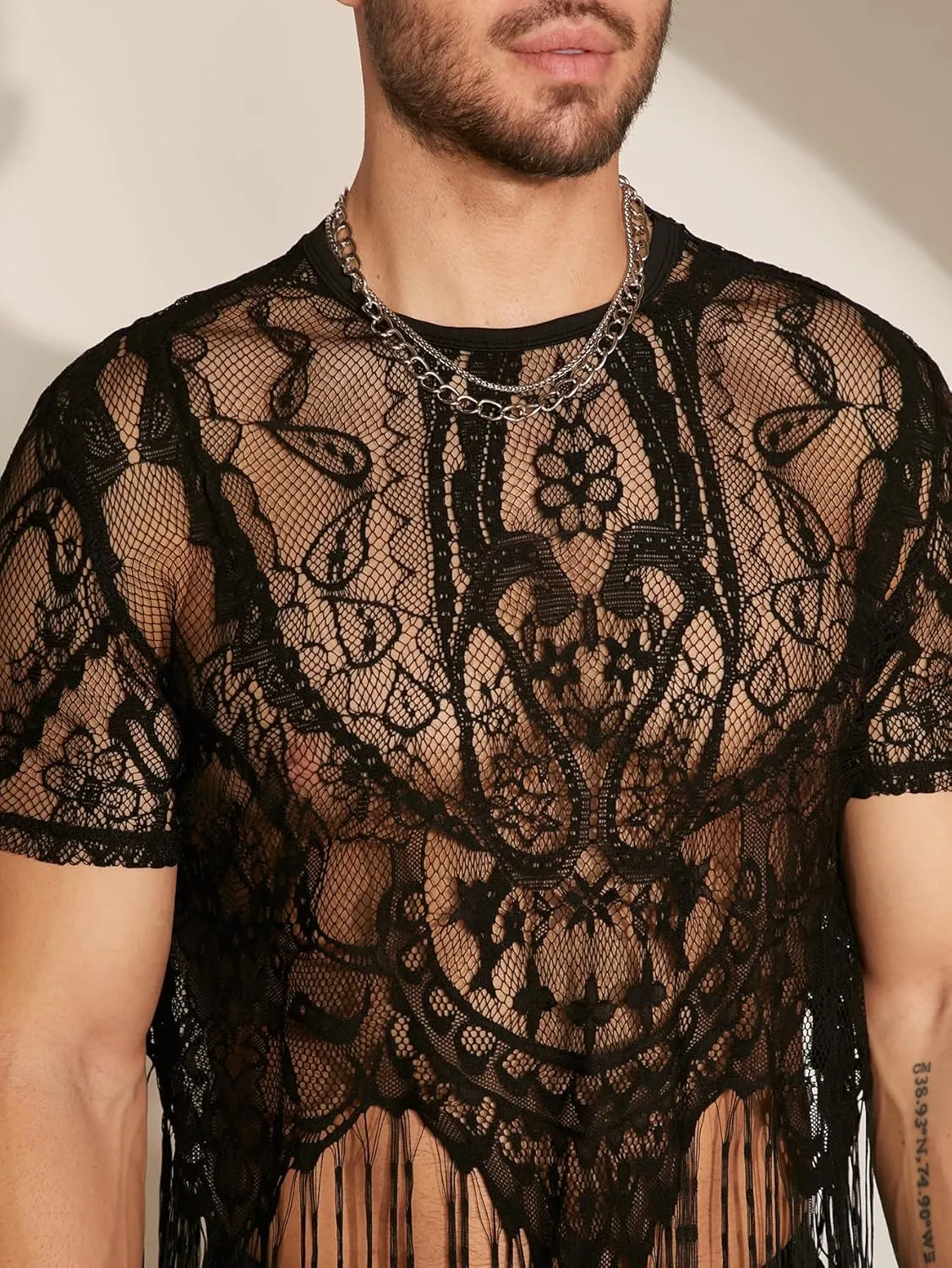 WDIRARA Men's Floral Lace Mesh Fringe Hem Shirts Scoop Neck Short Sleeve Asymmetrical Design Shirt See Through Party Outfits