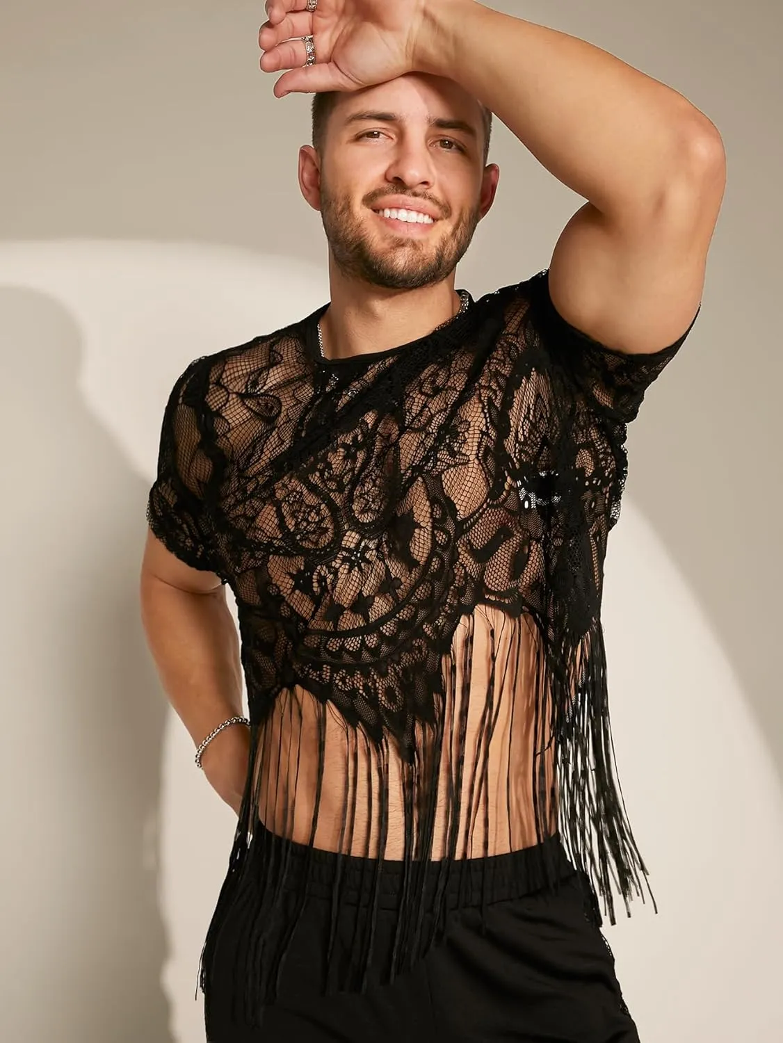 WDIRARA Men's Floral Lace Mesh Fringe Hem Shirts Scoop Neck Short Sleeve Asymmetrical Design Shirt See Through Party Outfits