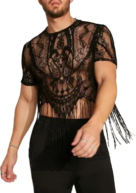 WDIRARA Men's Floral Lace Mesh Fringe Hem Shirts Scoop Neck Short Sleeve Asymmetrical Design Shirt See Through Party Outfits WDIRARA Men's Floral Lace Mesh Fringe Hem Shirts Scoop Neck Short Sleeve Asymmetrical Design Shirt See Through Party Outfits