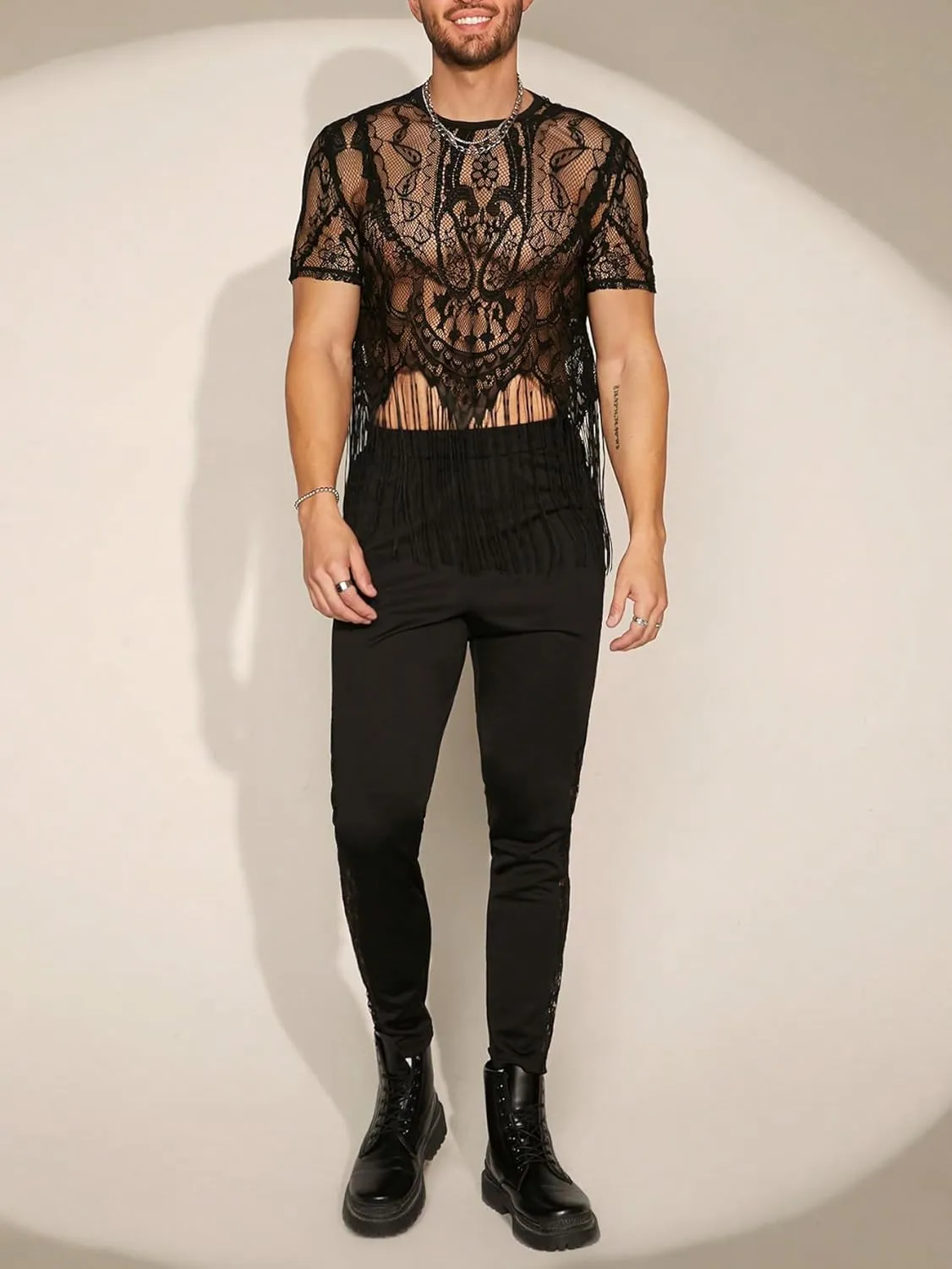 WDIRARA Men's Floral Lace Mesh Fringe Hem Shirts Scoop Neck Short Sleeve Asymmetrical Design Shirt See Through Party Outfits