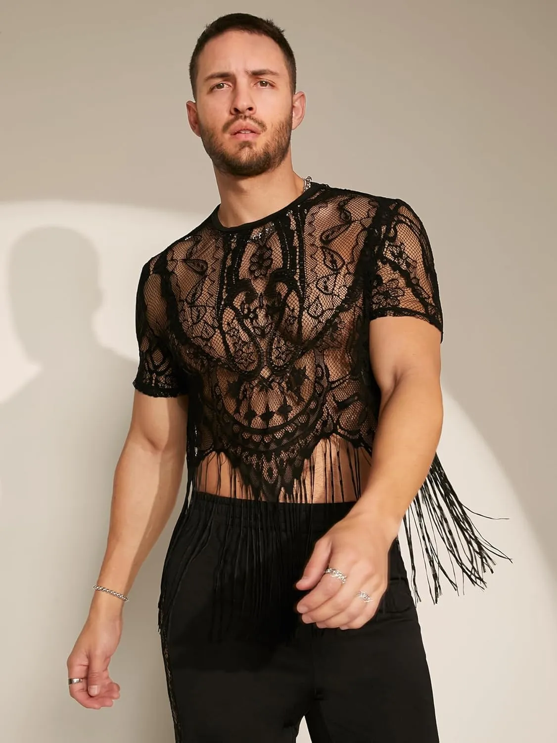 WDIRARA Men's Floral Lace Mesh Fringe Hem Shirts Scoop Neck Short Sleeve Asymmetrical Design Shirt See Through Party Outfits