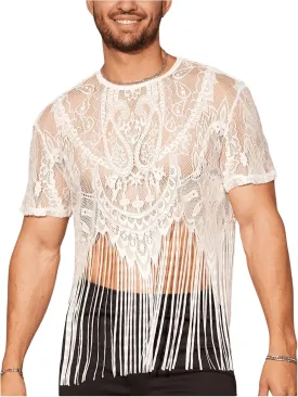 WDIRARA Men's Floral Lace Mesh Fringe Hem Shirts Scoop Neck Short Sleeve Asymmetrical Design Shirt See Through Party Outfits WDIRARA Men's Floral Lace Mesh Fringe Hem Shirts Scoop Neck Short Sleeve Asymmetrical Design Shirt See Through Party Outfits