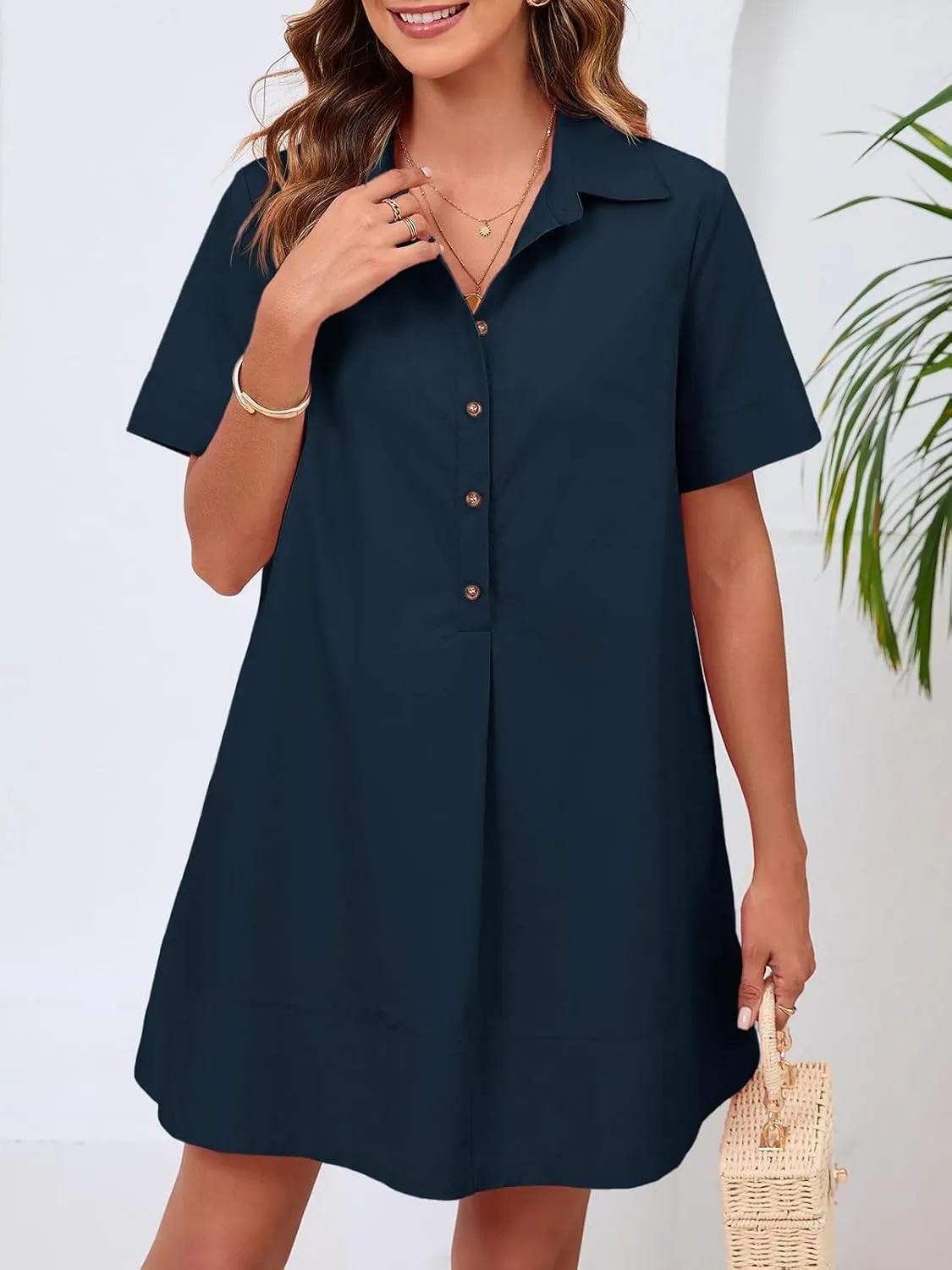 Wenrine Womens Button Down Shirt Dress Oversized Casual Short Sleeve Collared V Neck Summer Mini Dresses