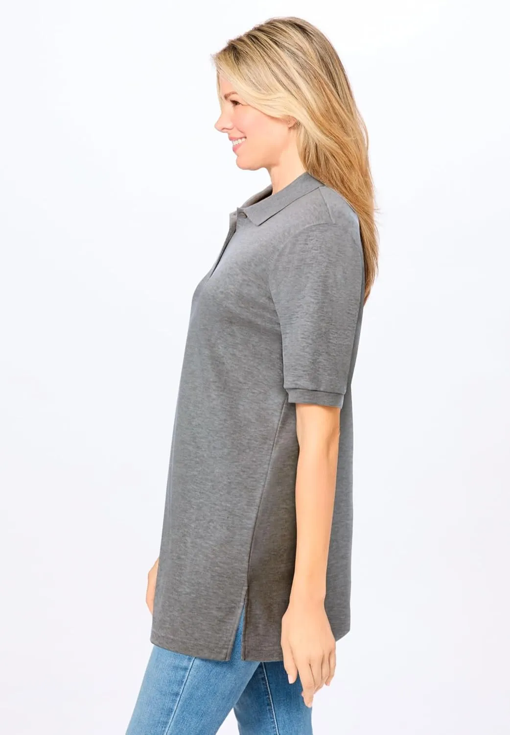 Woman Within Plus Size Elbow-Sleeve Polo Tunic