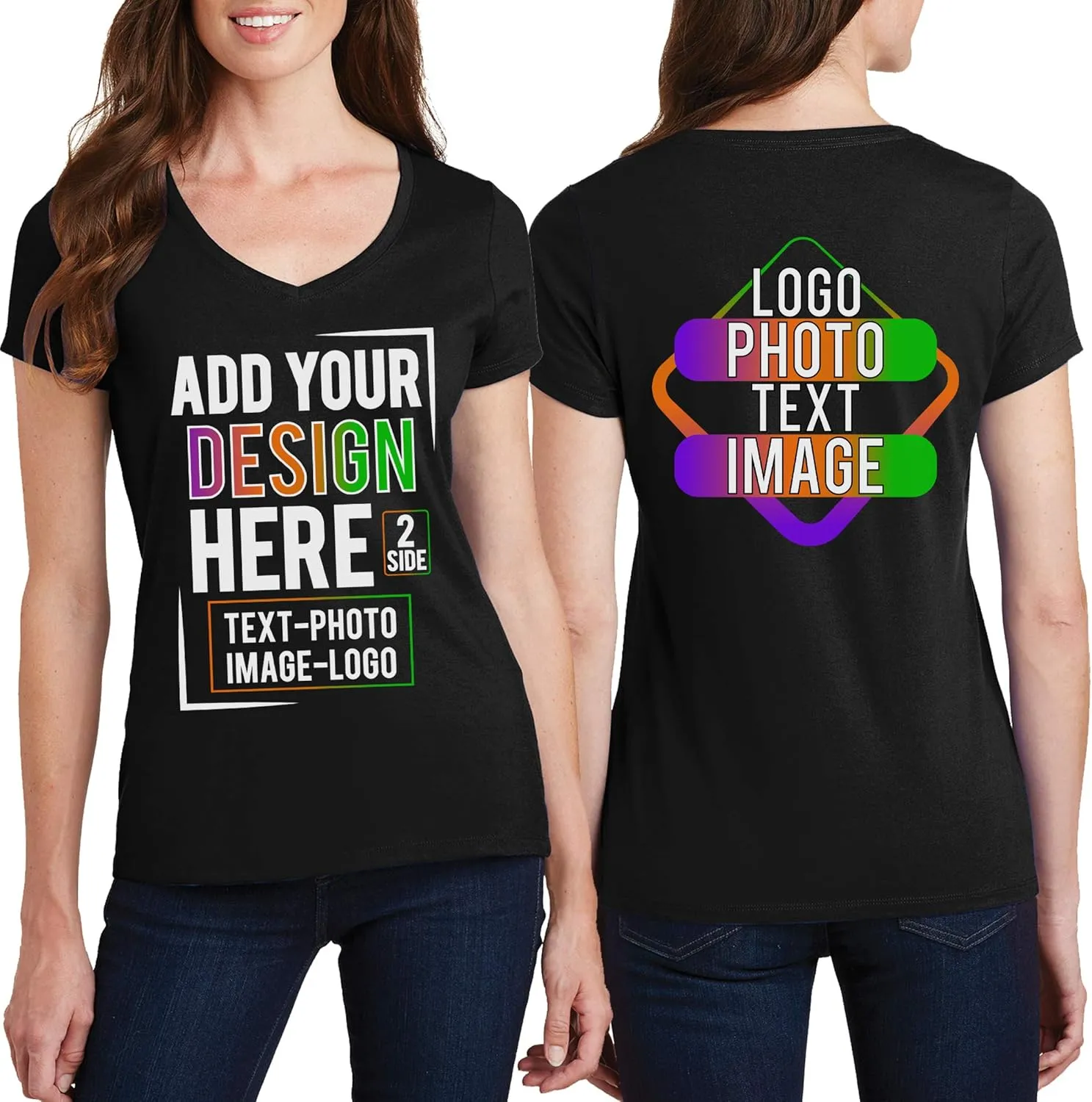 Women Custom V Neck T Shirts Design Your Own Add Picture Photo Text Two Sided