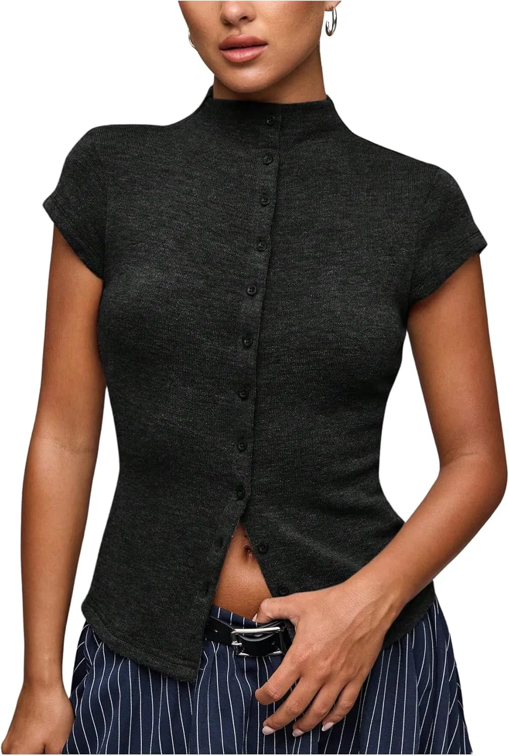 Women's Button Down Mock Neck T Shirt Cap Short Sleeve Slim Fit Knit Tee Tops