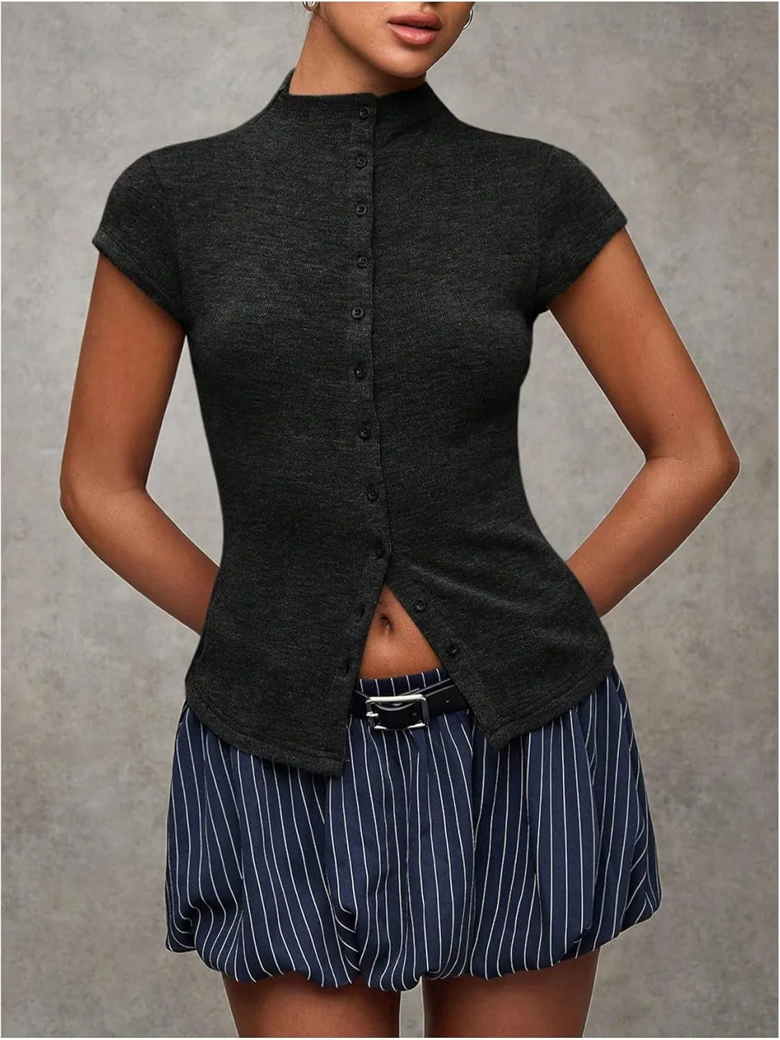 Women's Button Down Mock Neck T Shirt Cap Short Sleeve Slim Fit Knit Tee Tops