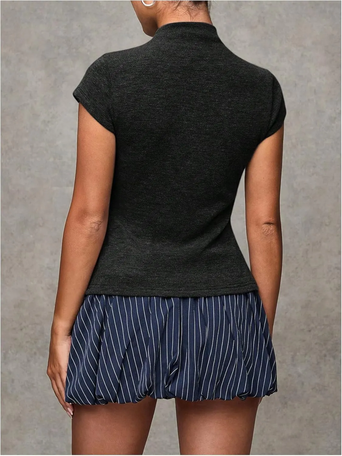 Women's Button Down Mock Neck T Shirt Cap Short Sleeve Slim Fit Knit Tee Tops