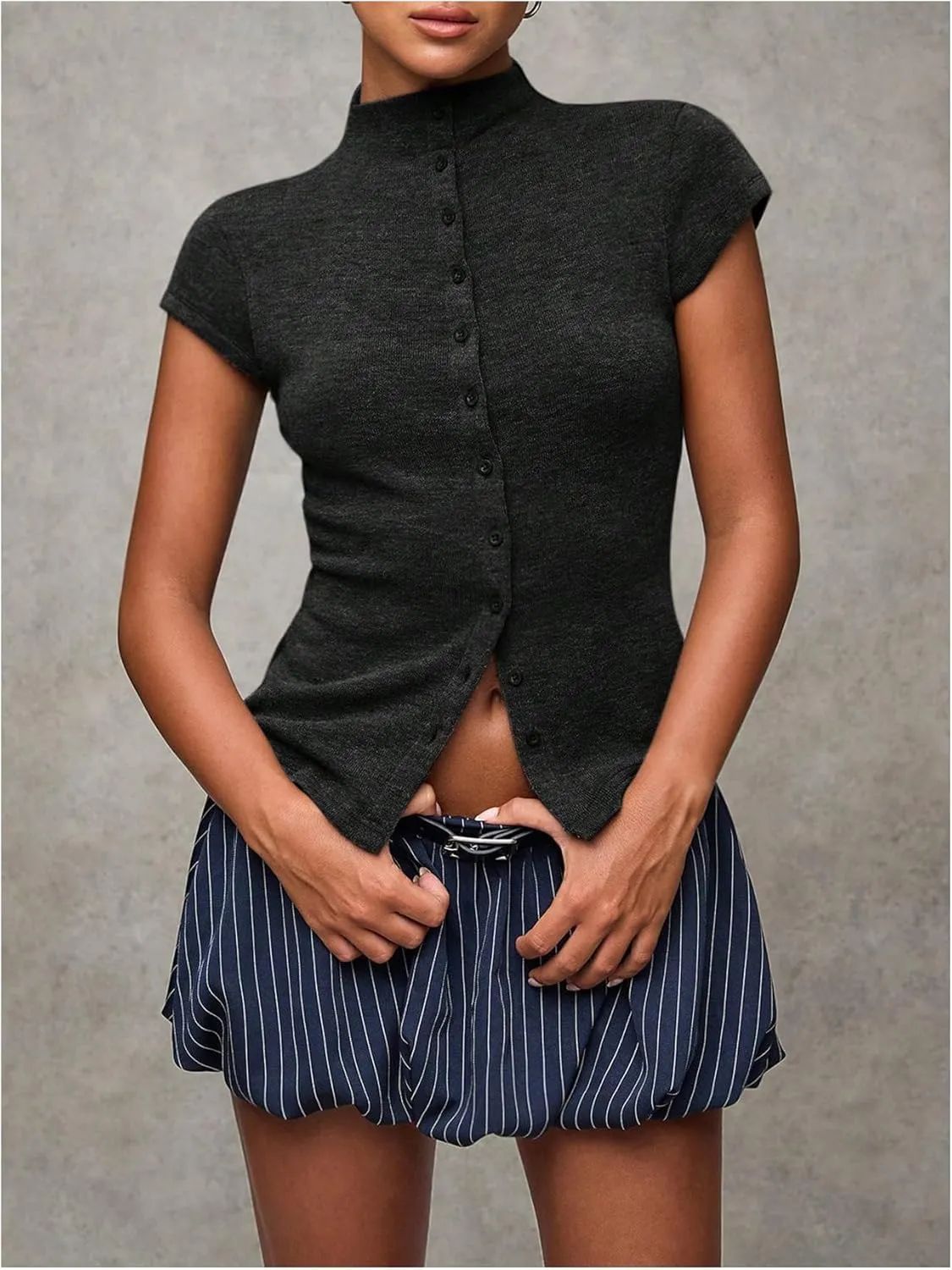 Women's Button Down Mock Neck T Shirt Cap Short Sleeve Slim Fit Knit Tee Tops