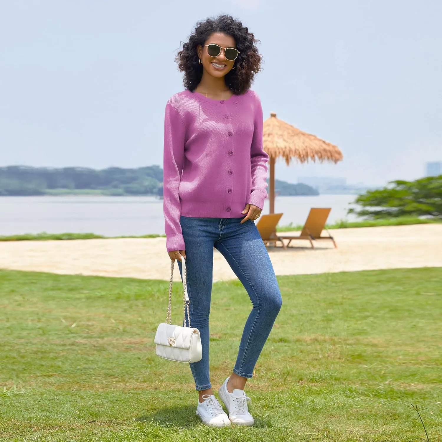 Women's Crew Neck Cardigan Button Down Long Sleeve Soft Knit Sweater Top Outwear Coat