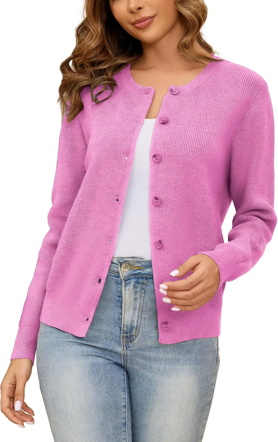 Women's Crew Neck Cardigan Button Down Long Sleeve Soft Knit Sweater Top Outwear Coat