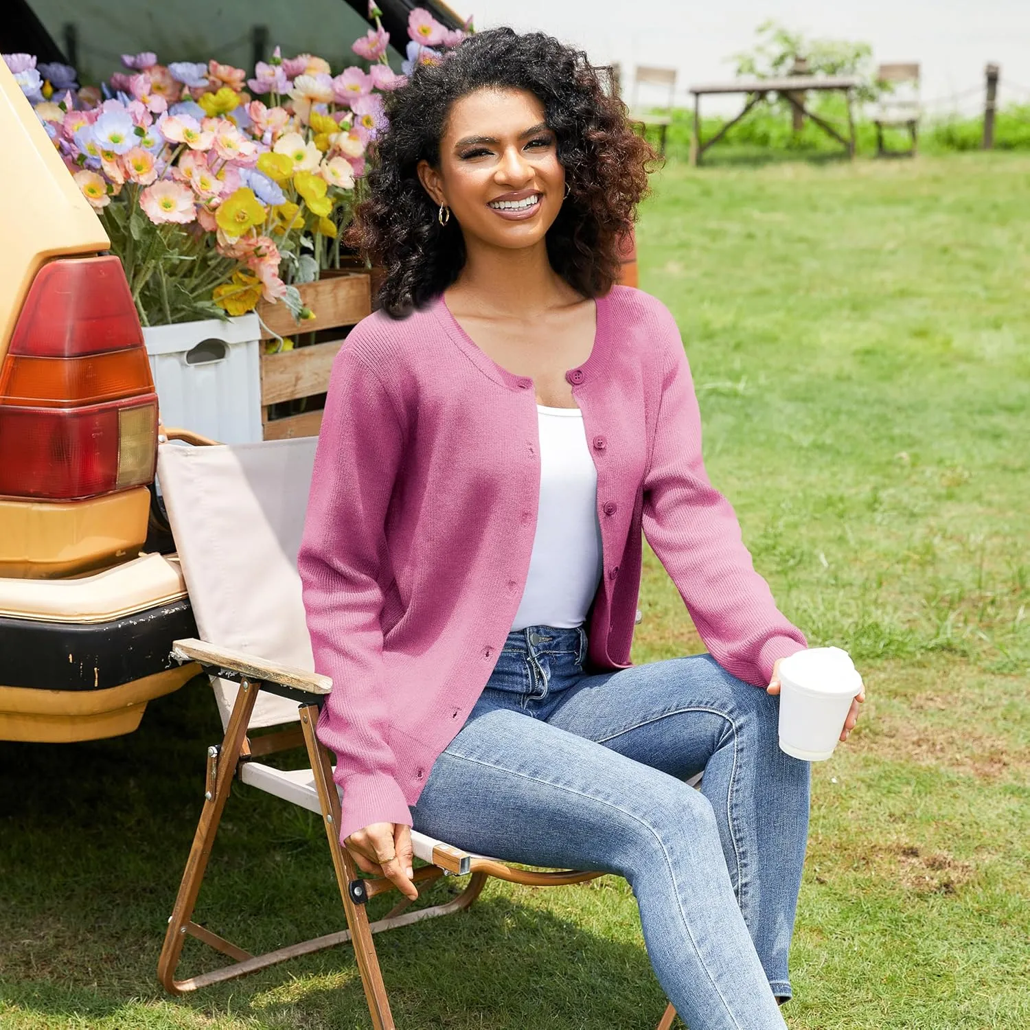 Women's Crew Neck Cardigan Button Down Long Sleeve Soft Knit Sweater Top Outwear Coat