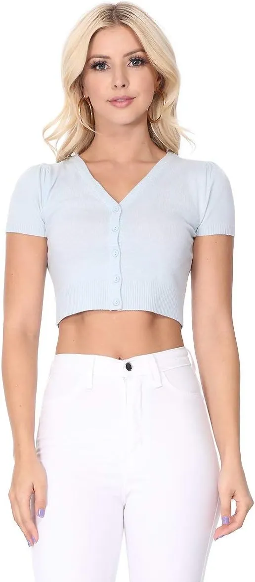YEMAK Women's Cropped Bolero Cardigan  Short Sleeve V-Neck Basic Classic Casual Button Down Knit Soft Sweater Top (S-4XL)