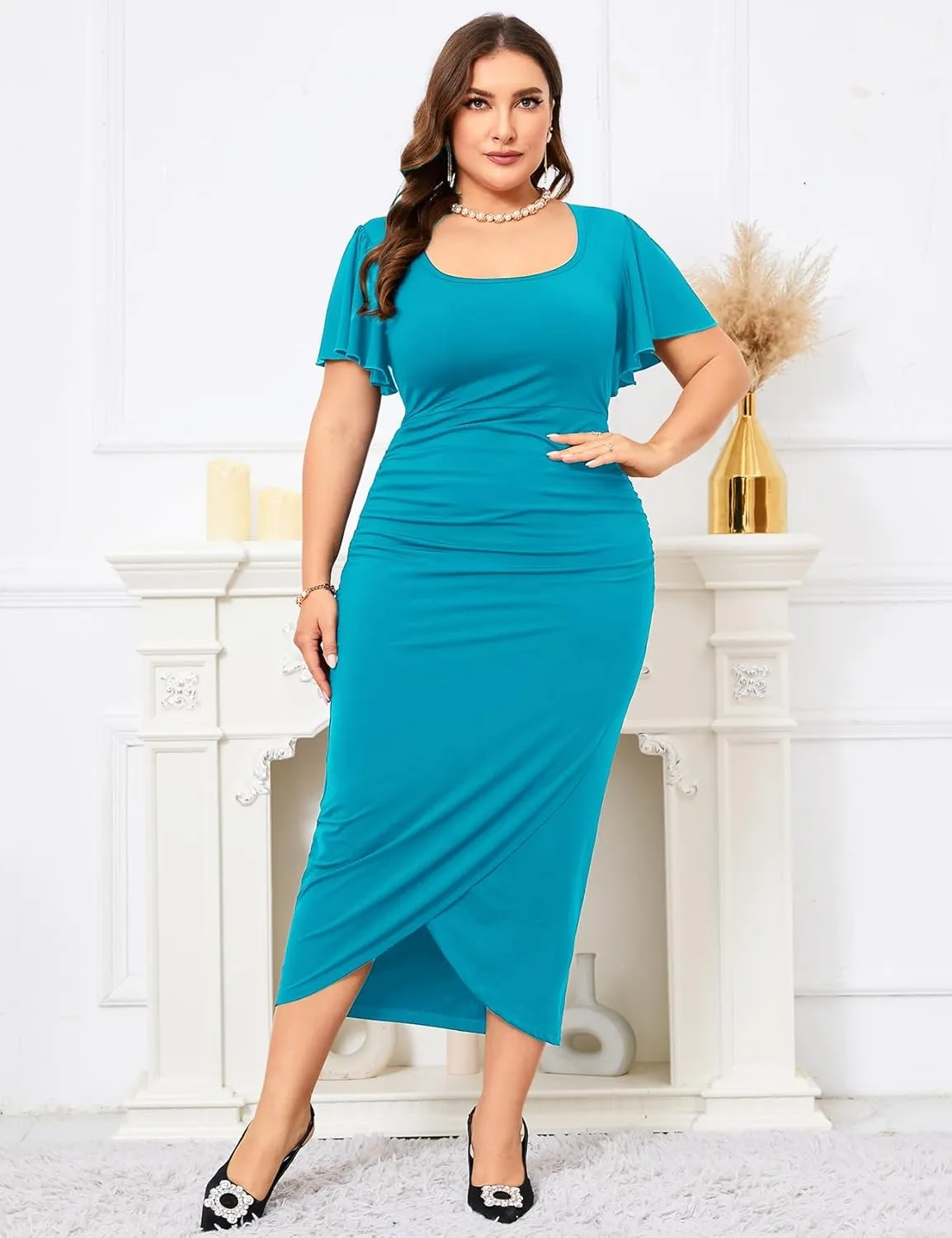 ZOMVA 2024 Plus Size Cocktail Dress Comfortable Bell Sleeves Wedding Guest Square Neck Semi Formal